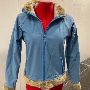Women’s Size S Marmot Soft Shell Hooded Zip Blue Zip Jacket with Faux Fur Trim